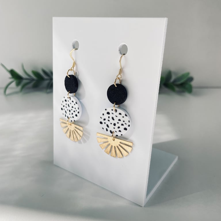 Black and White Spotted Circle Earrings with Brass Sunburst Drops