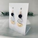 Black and White Spotted Circle Earrings with Brass Sunburst Drops