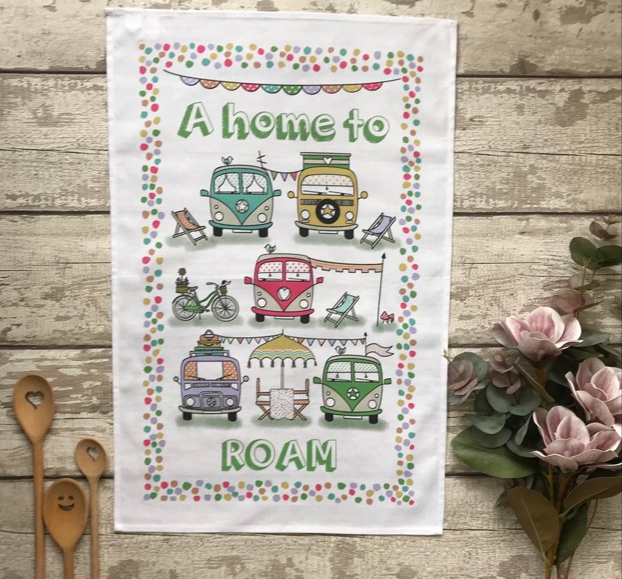 A Home To Roam - Illustrated Campervans - Cotton Tea Towel