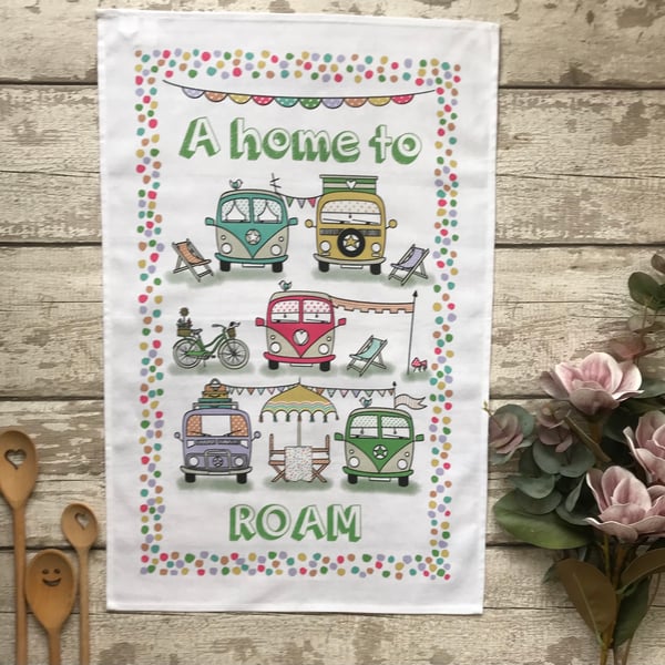 A Home To Roam - Illustrated Campervans - Cotton Tea Towel