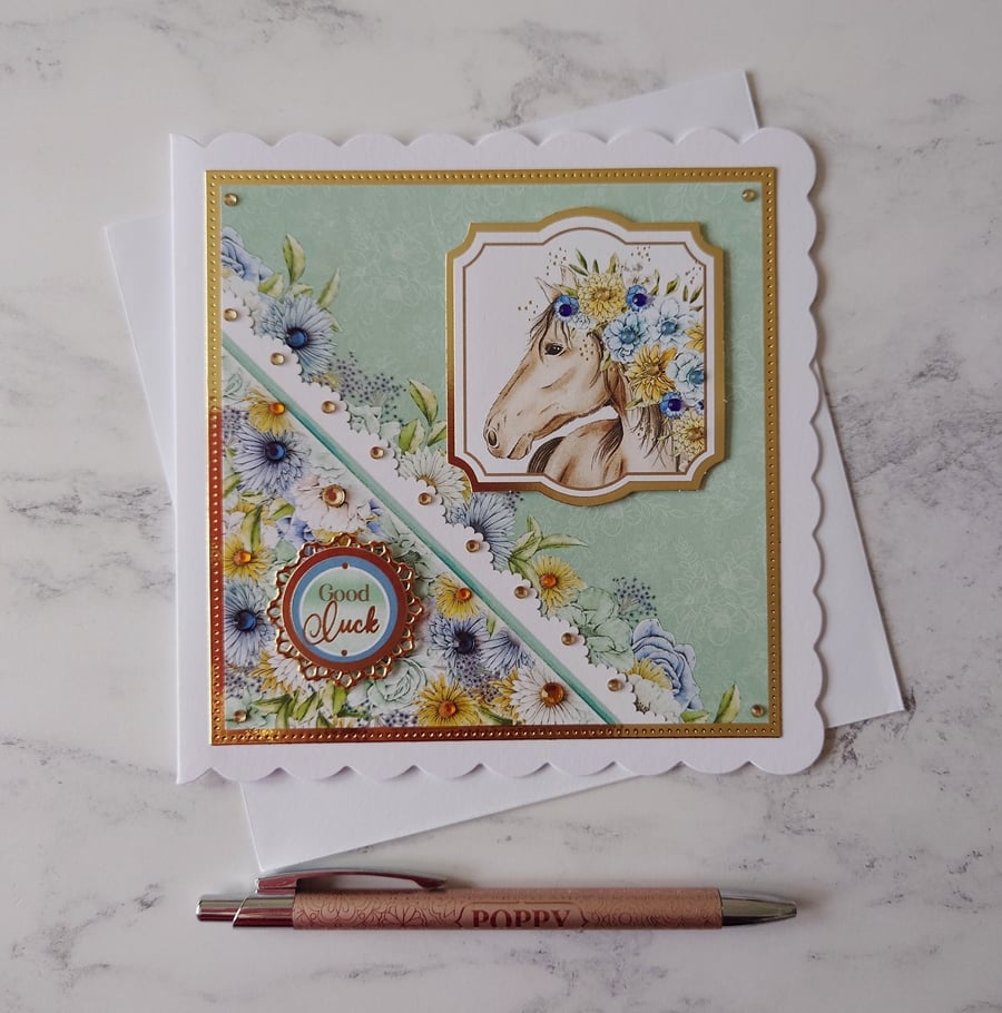 Good Luck Horse Flowers 3D Luxury Handmade Card