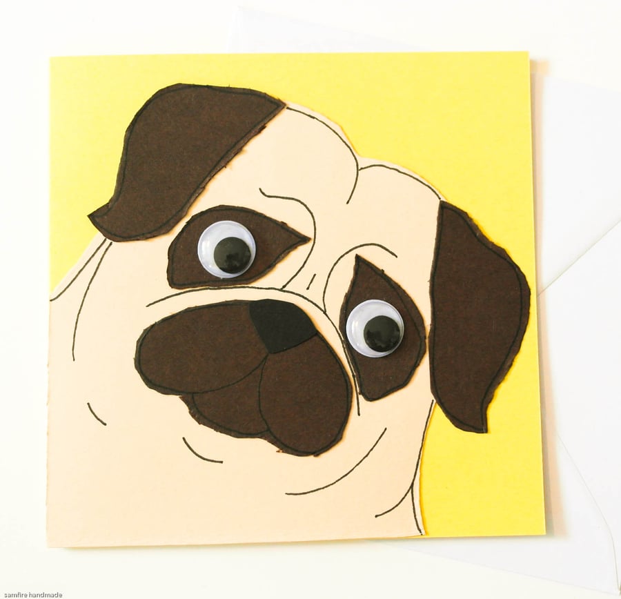 Pug Greeting card. Birthday Dog Card. Handmade animal card.
