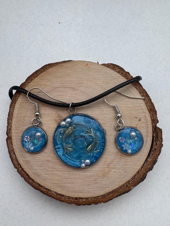 Ocean Resin Necklace Earrings Set, Blue Swirl Pearl Pendant, Mermaid jewellery 