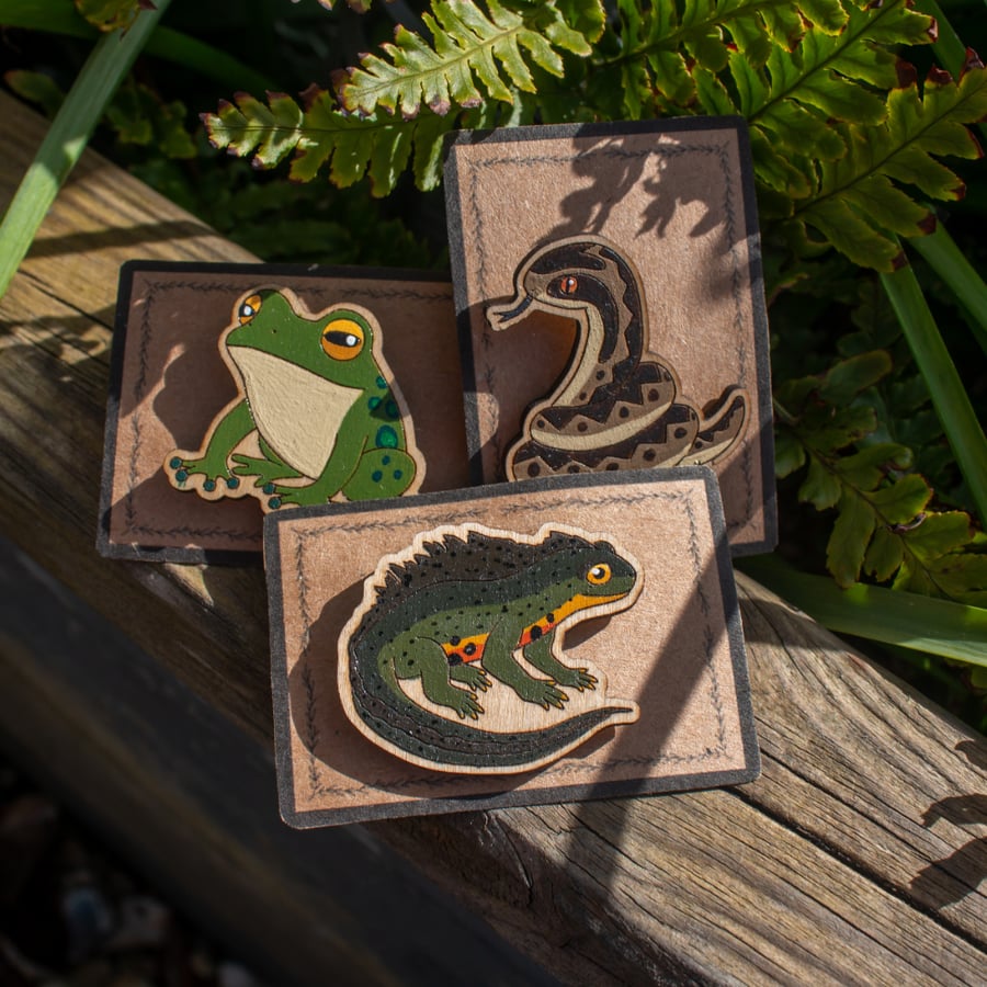 Creepy Critters Wooden Pin Set - Newt, Frog & Adder 