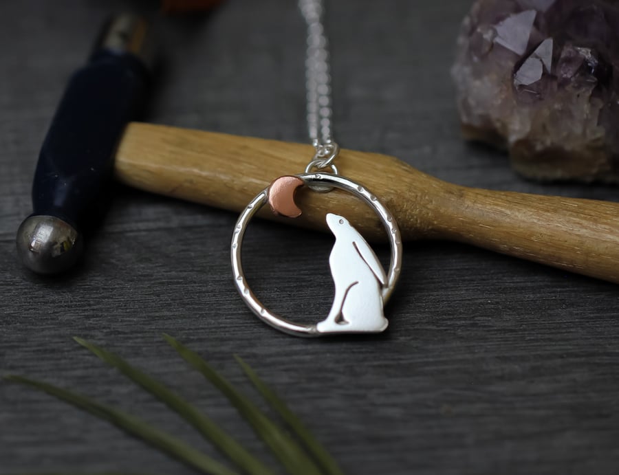 Sterling silver and copper moon gazing hare necklace