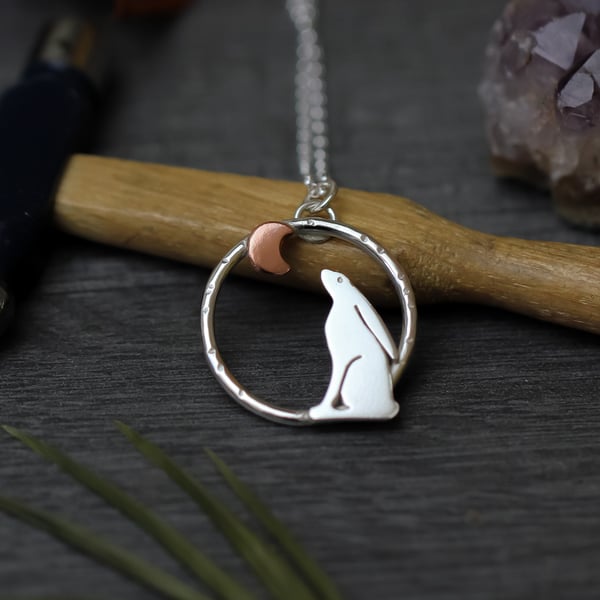 Sterling silver and copper moon gazing hare necklace