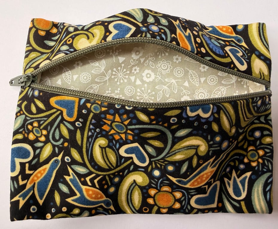 Small zipped purse - stylised birds and leaves on dark background