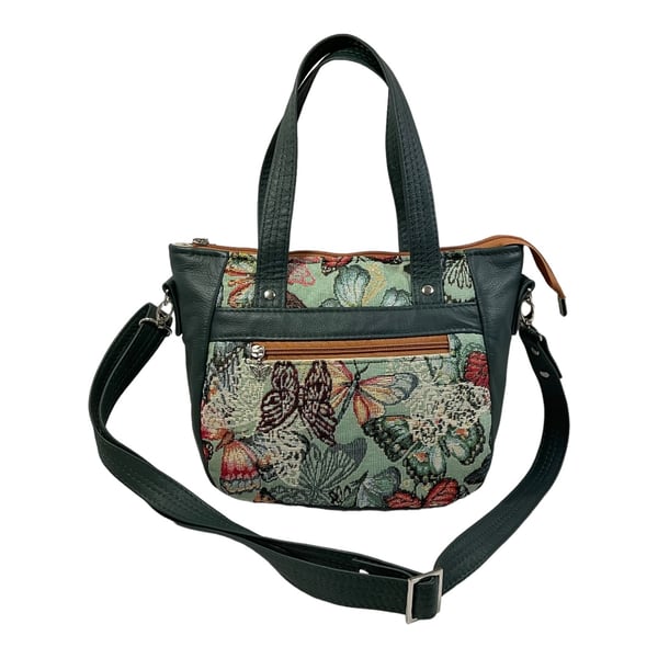 Butterfly print Leather and cotton hand bag, medium sized crossbody bag