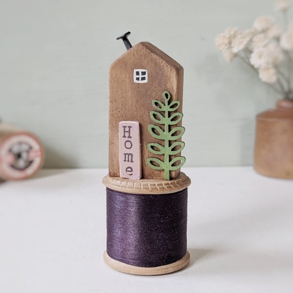 Tall Wooden House on a Vintage Bobbin 'Home' 