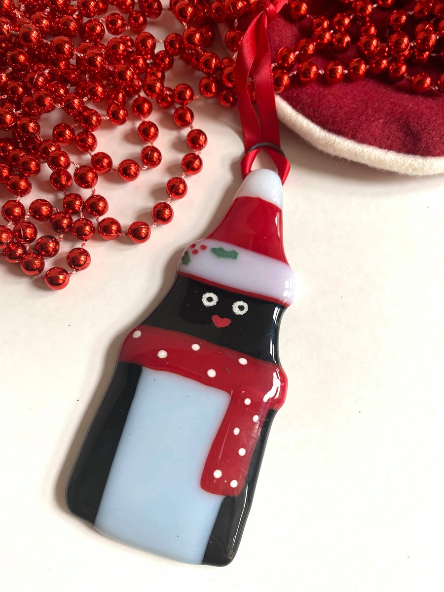 Fused Glass Penguin Christmas Hanging Decoration