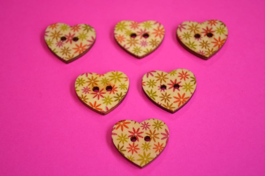 Wooden Heart Buttons Floral Green Orange Pink Yellow 6pk 25x22mm (H12)