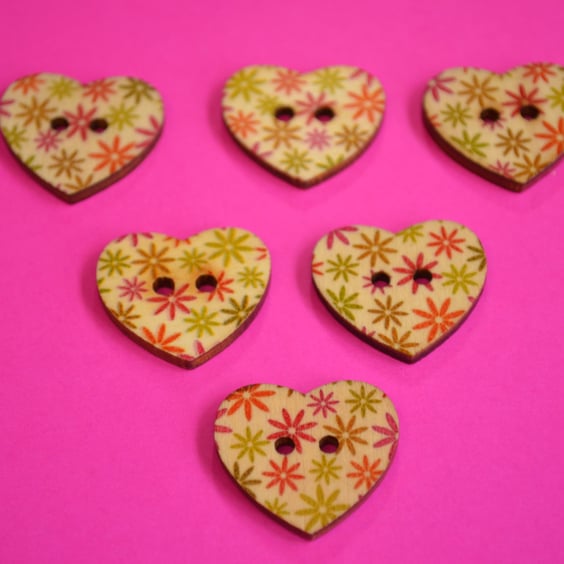 Wooden Heart Buttons Floral Green Orange Pink Yellow 6pk 25x22mm (H12)