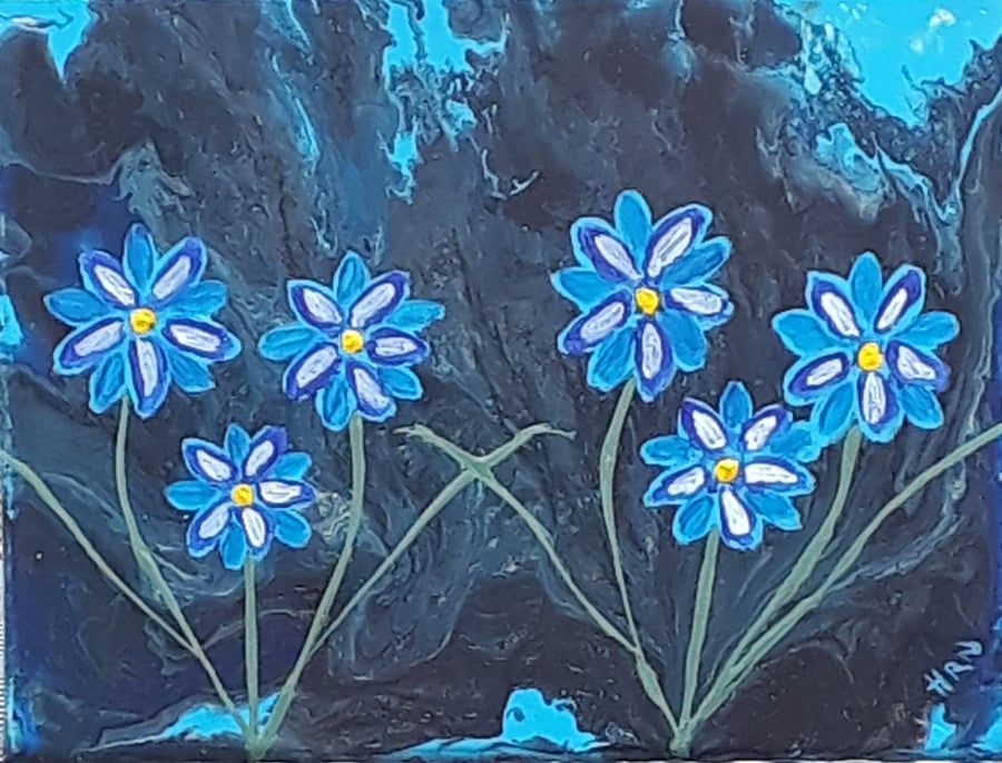 Original Acrylic pour and painting, space flowers blue black - folksy.com