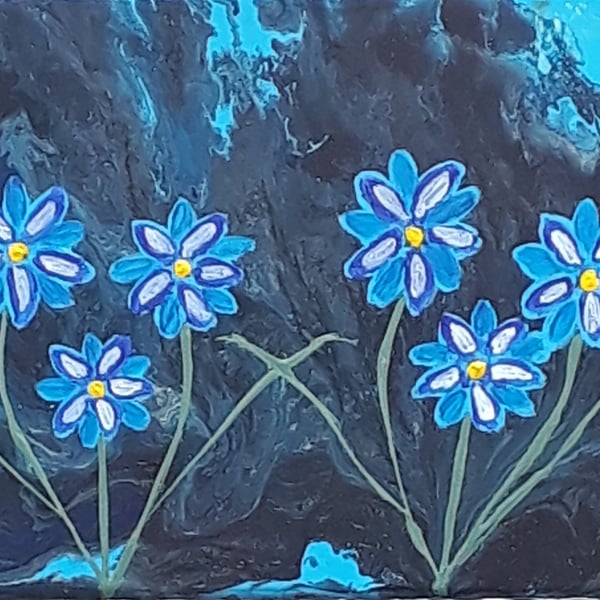 Original Acrylic pour and painting, space flowers blue black - folksy.com