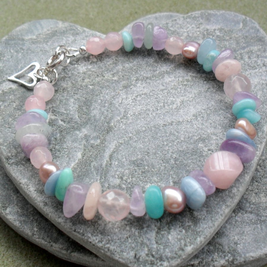 Pastel Tone Multi Gemstone Bracelet Sterling Silver