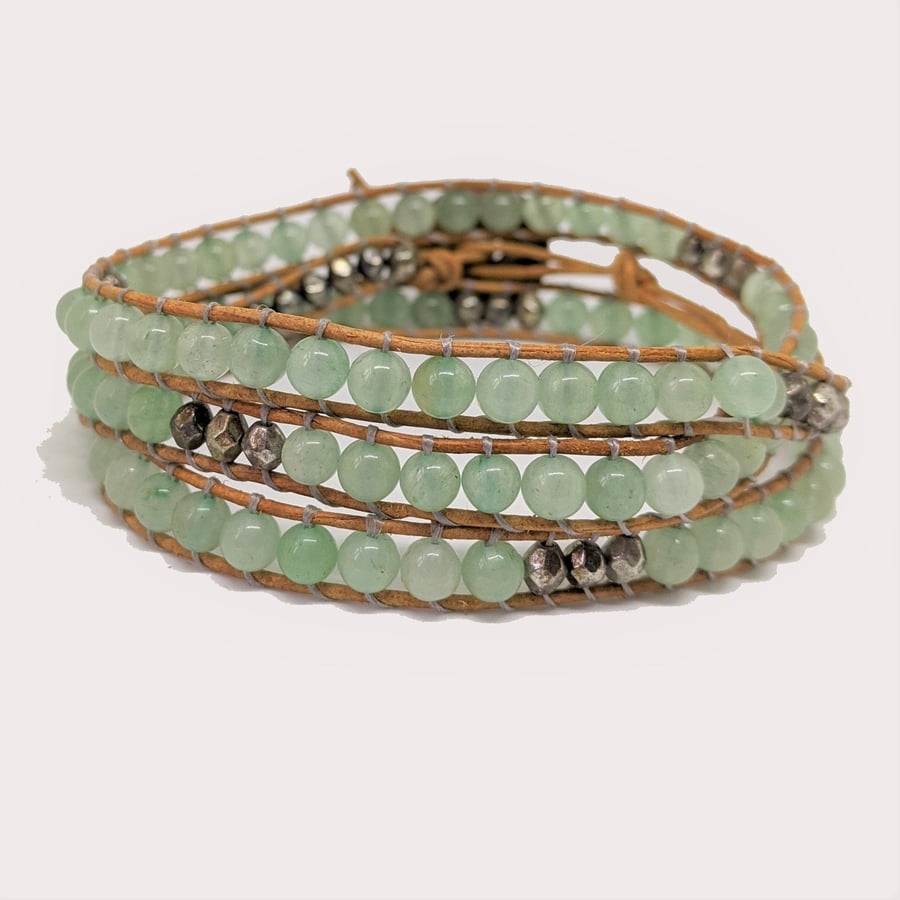 Green Aventurine Beaded Gemstone Leather Wrap Bracelet 