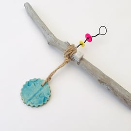 Driftwood wall hanger, clay charm, gift idea, birthday, unique pottery 