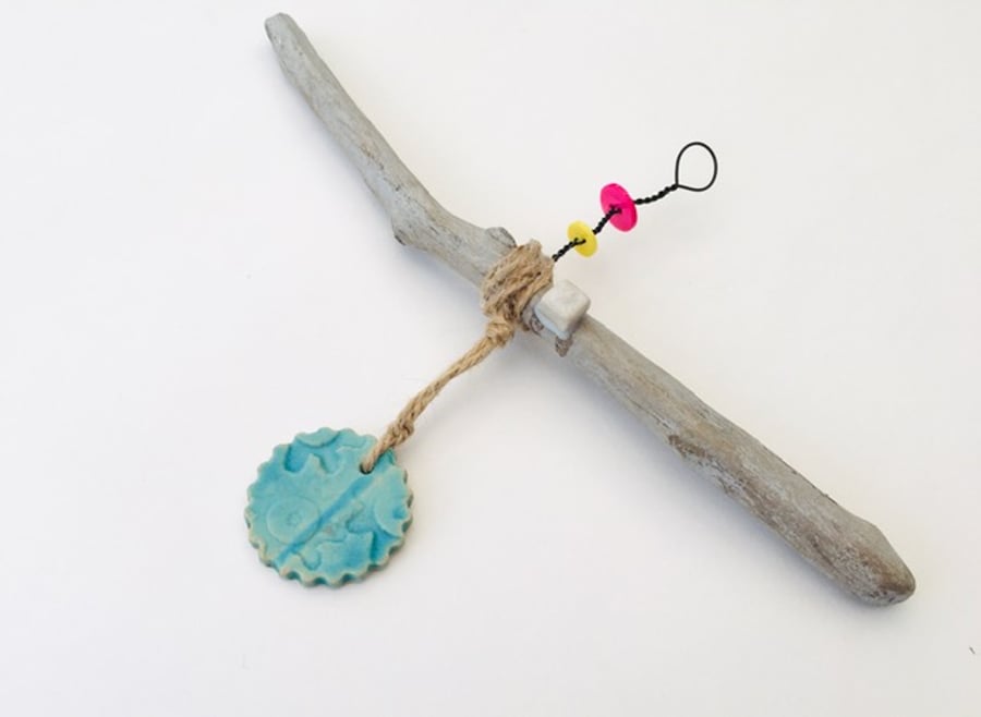 Driftwood wall hanger, clay charm, gift idea, birthday, unique pottery 