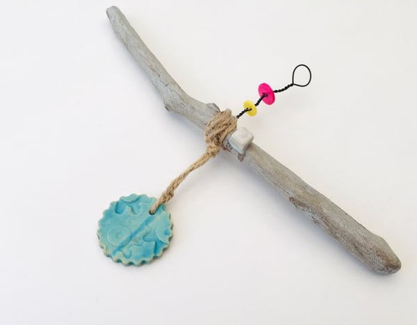 Driftwood wall hanger, clay charm, gift idea, birthday, unique pottery 