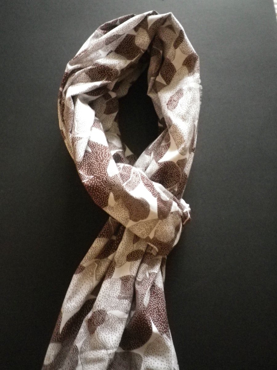 Lightweight brown and white floral design on cotton batiste summer scarf