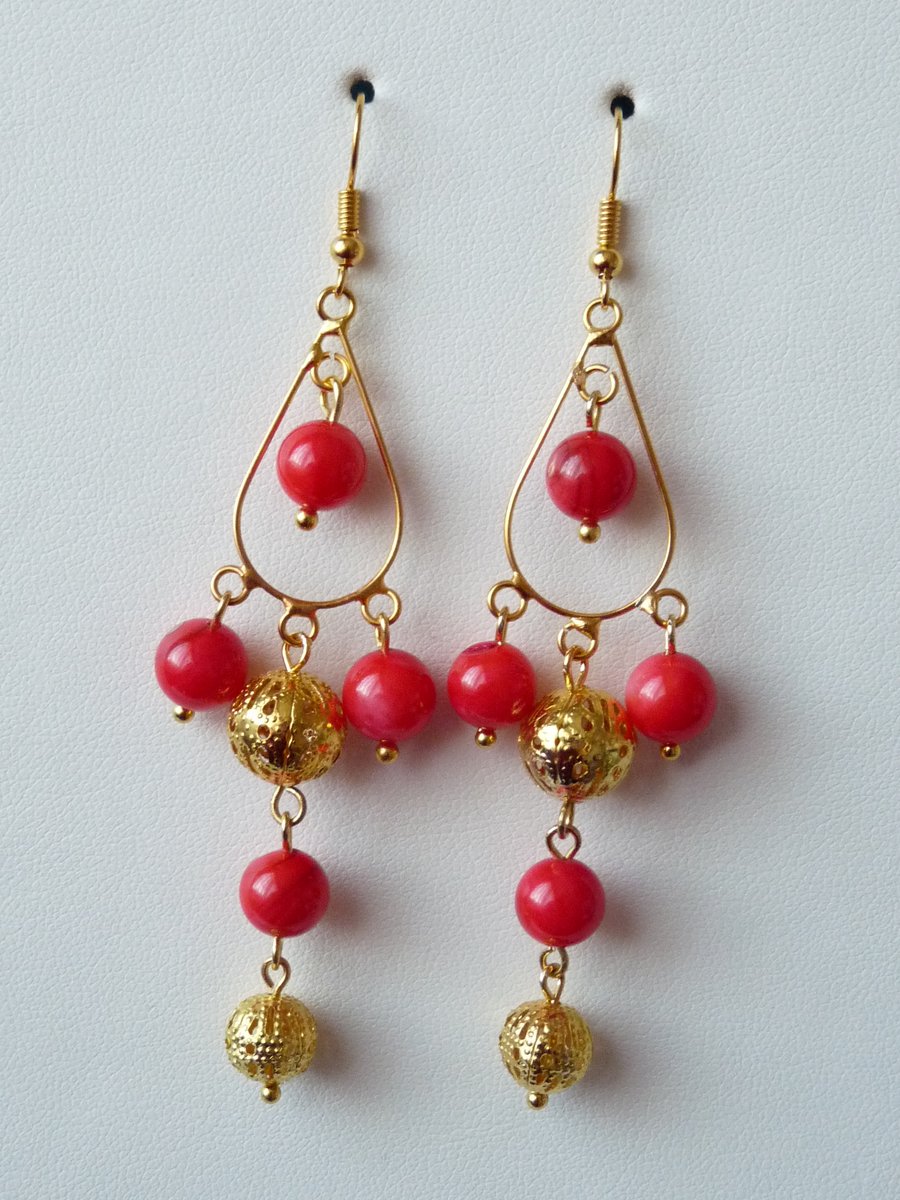 Red Mother of Pearl Chandelier Earrings  - Handmade - Genuine Gemstone 