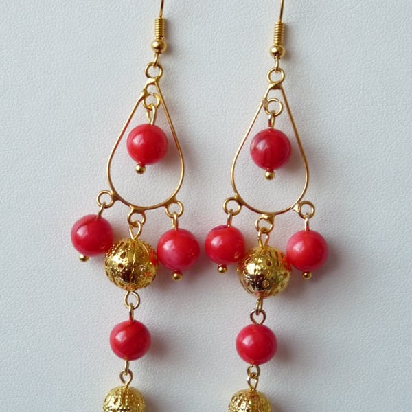 Red Mother of Pearl Chandelier Earrings  - Handmade - Genuine Gemstone 