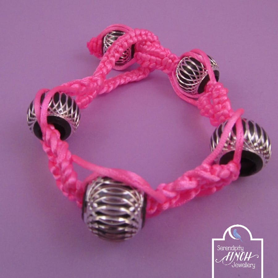 Neon Pink Macrame Bracelet with Black Aluminium Beads