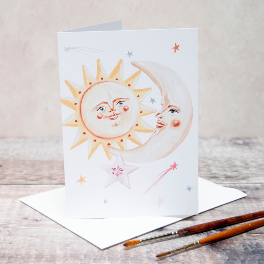 A6 greeting card- sun, moon and star "Flynn, Apollo and Clyde"