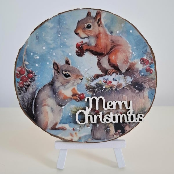 Handcrafted Wood Slice Christmas Card, Rustic Decoupage Easel Decor 15cm
