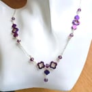 Purple Clover Hematite Necklace 20 Inch, Floral, Silver Curb Chain