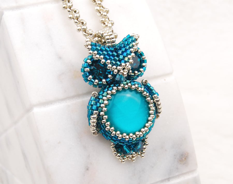 Beaded owl pendant with beaded chain in teal blue and silver, bird lovers gift