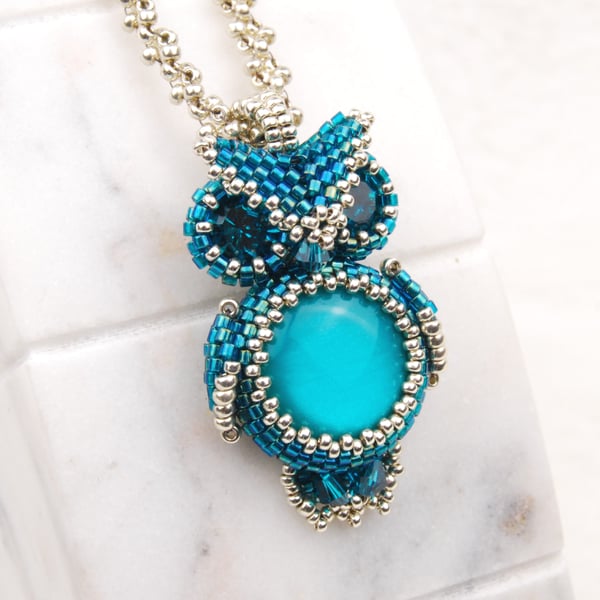 Beaded owl pendant with beaded chain in teal blue and silver, bird lovers gift