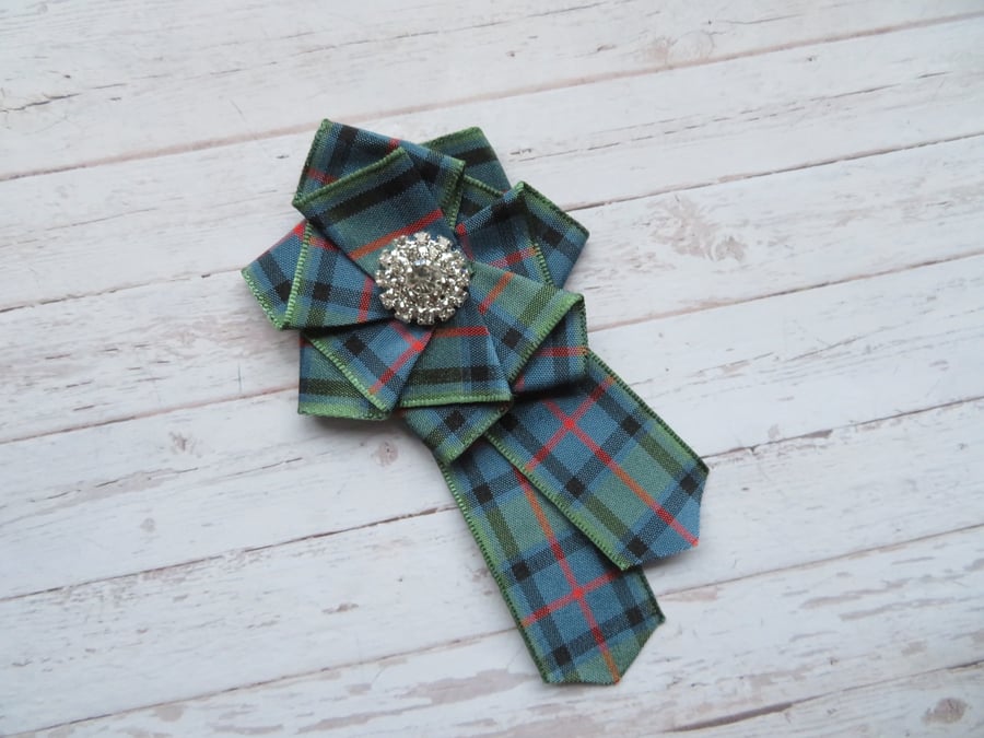 Flower of Scotland Tartan Ruffle Rosette Rhinestone Diamante Stud Brooch