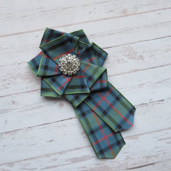 Flower of Scotland Tartan Ruffle Rosette Rhinestone Diamante Stud Brooch