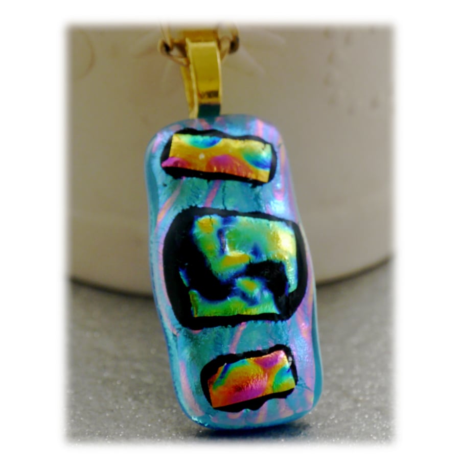 Dichroic Glass Pendant 126 Turquoise Abstract Handmade with gold plated chain