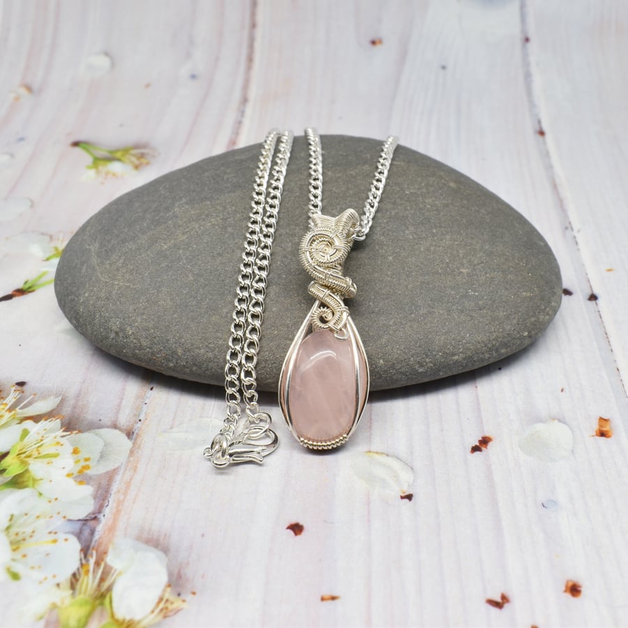 Rose Quartz Wire Wrapped Silver Filled Pendant