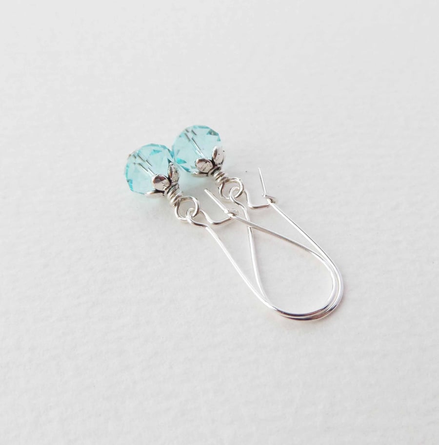 Crystal Silver Earrings, Aqua Blue Long Kidney Wire Earrings