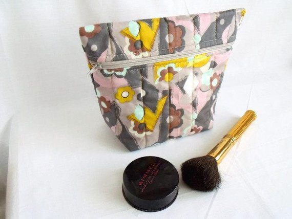 grey and yellow zipped make up pouch, pencil case or crochet hook case