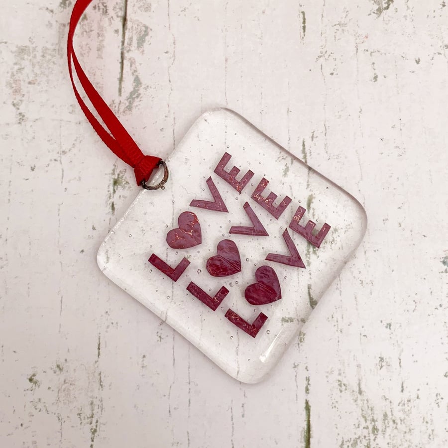Seconds Sale - Fused Glass Copper "Love" Hanging - Handmade Glass Decoration