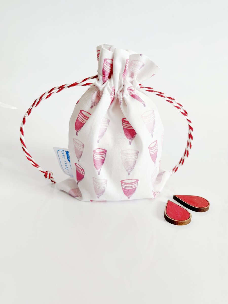 Drawstring bag, menstrual cup printed fabric, shark week