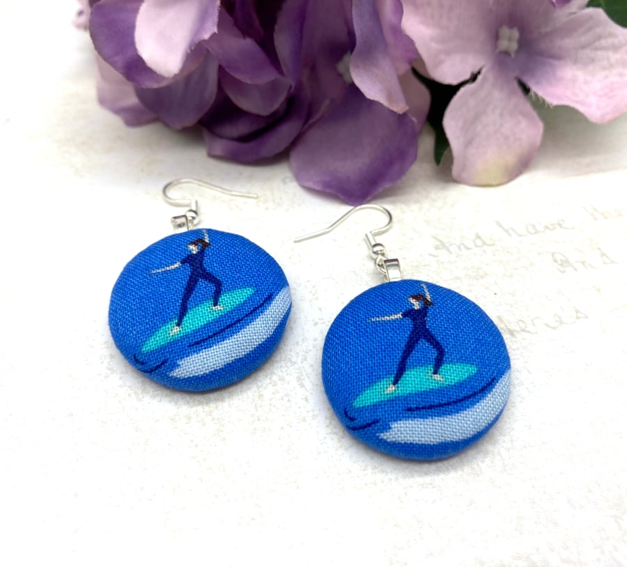 Surfer girl fabric button statement earrings surfer surfing lover