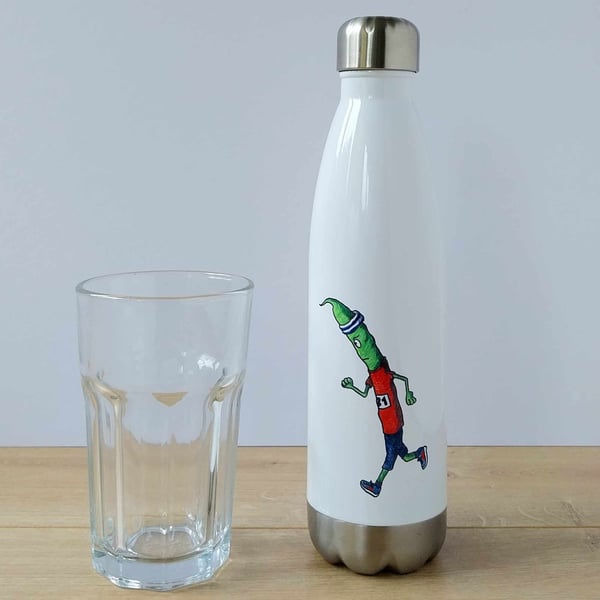 Stainless steel insulated water bottle with runner bean design