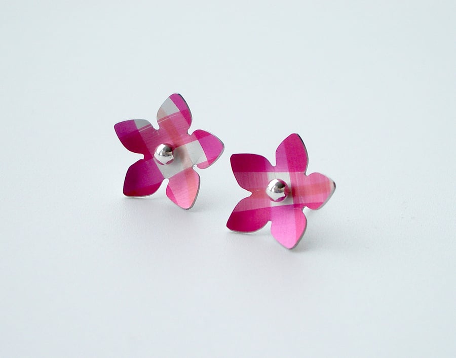 Flower earrings studs in pink and silver