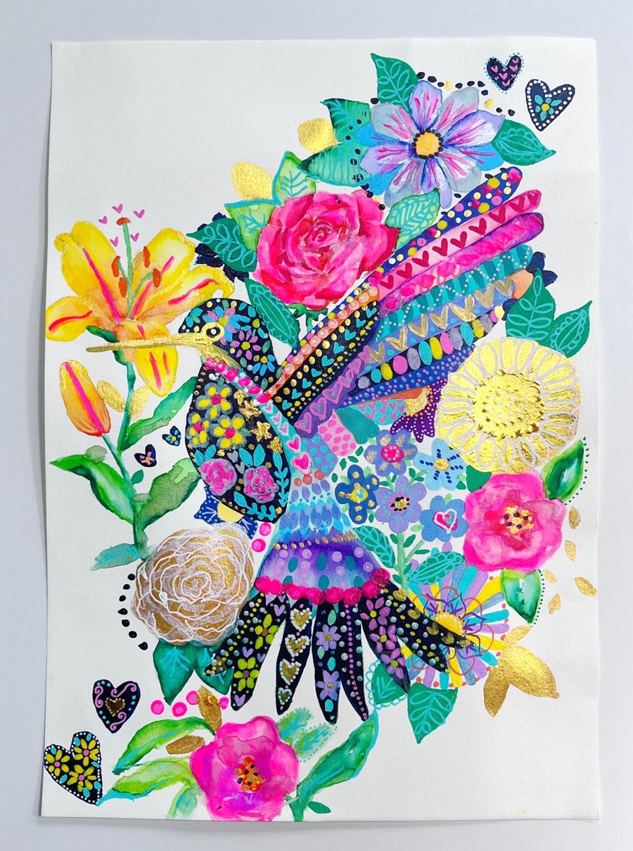 Hummingbird and Flowers Art