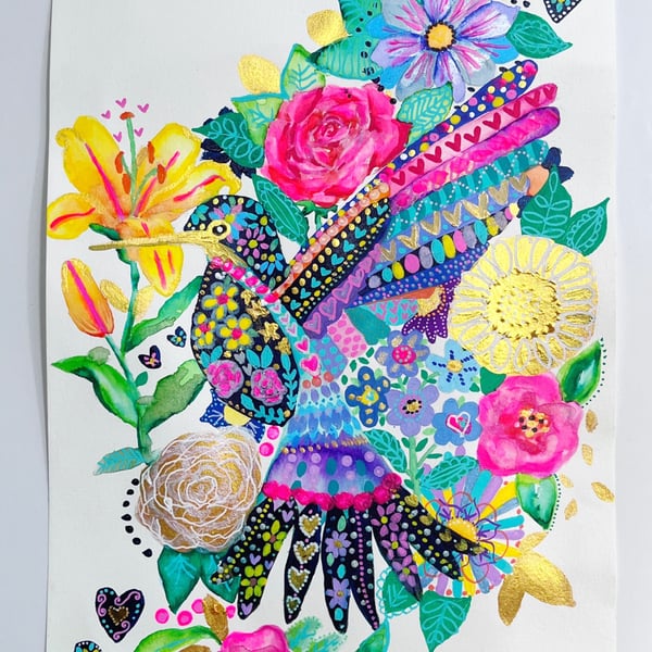 Hummingbird and Flowers Art