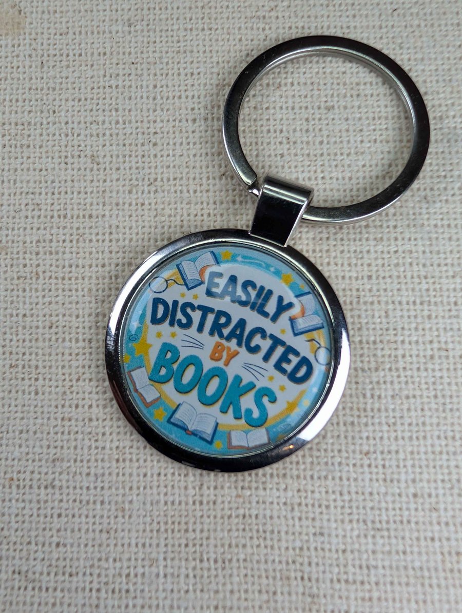 Easily Distracted By Books - Book Lover Keyring - Large Resin Finished Keychain
