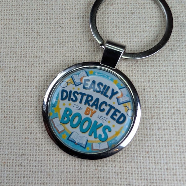 Easily Distracted By Books - Book Lover Keyring - Large Resin Finished Keychain