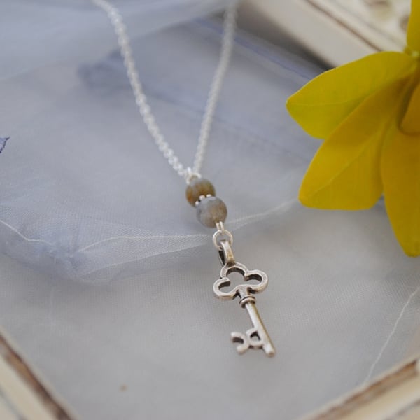 Labradorite & silver key long layering necklace