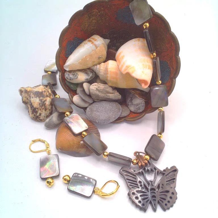 Necklace with Shell Rectangles Gold Beads and a Butterfly Pendant and Earrings