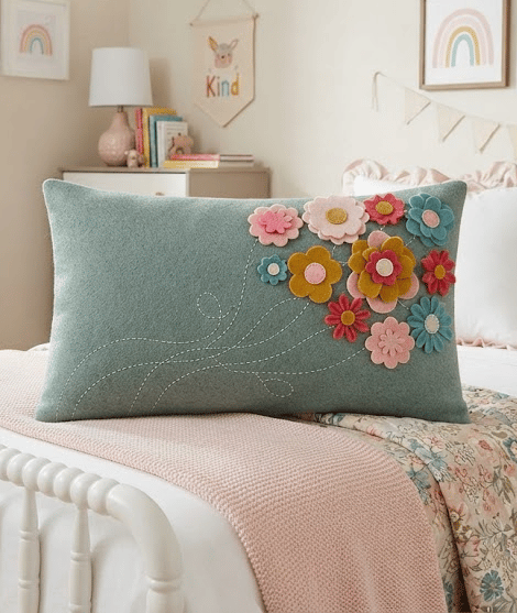 Handmade Felt Flower Cushion - Floral Felt Pillow - Botanical Scatter Cushion